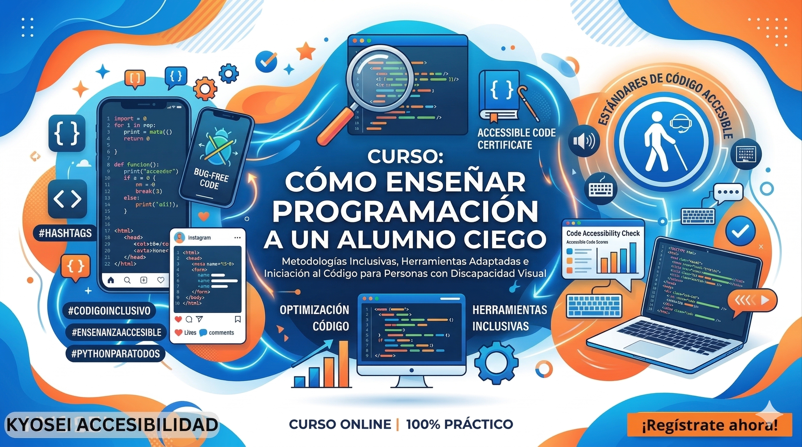 Banner promocional de Kyosei “Curso de Herramientas para enseñar programación a un alumno ciego”. Metodologías inclusivas y tecnologia de asistencia. Se ven distintos dispositivos con codigo de computación