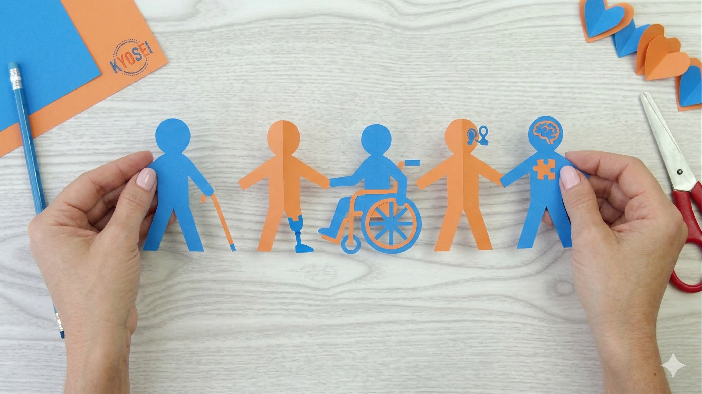 Ilustración de muñecos de papel con características diversas: persona en silla de ruedas, usuario de bastones, persona con implante coclear y representación de la neurodiversidad