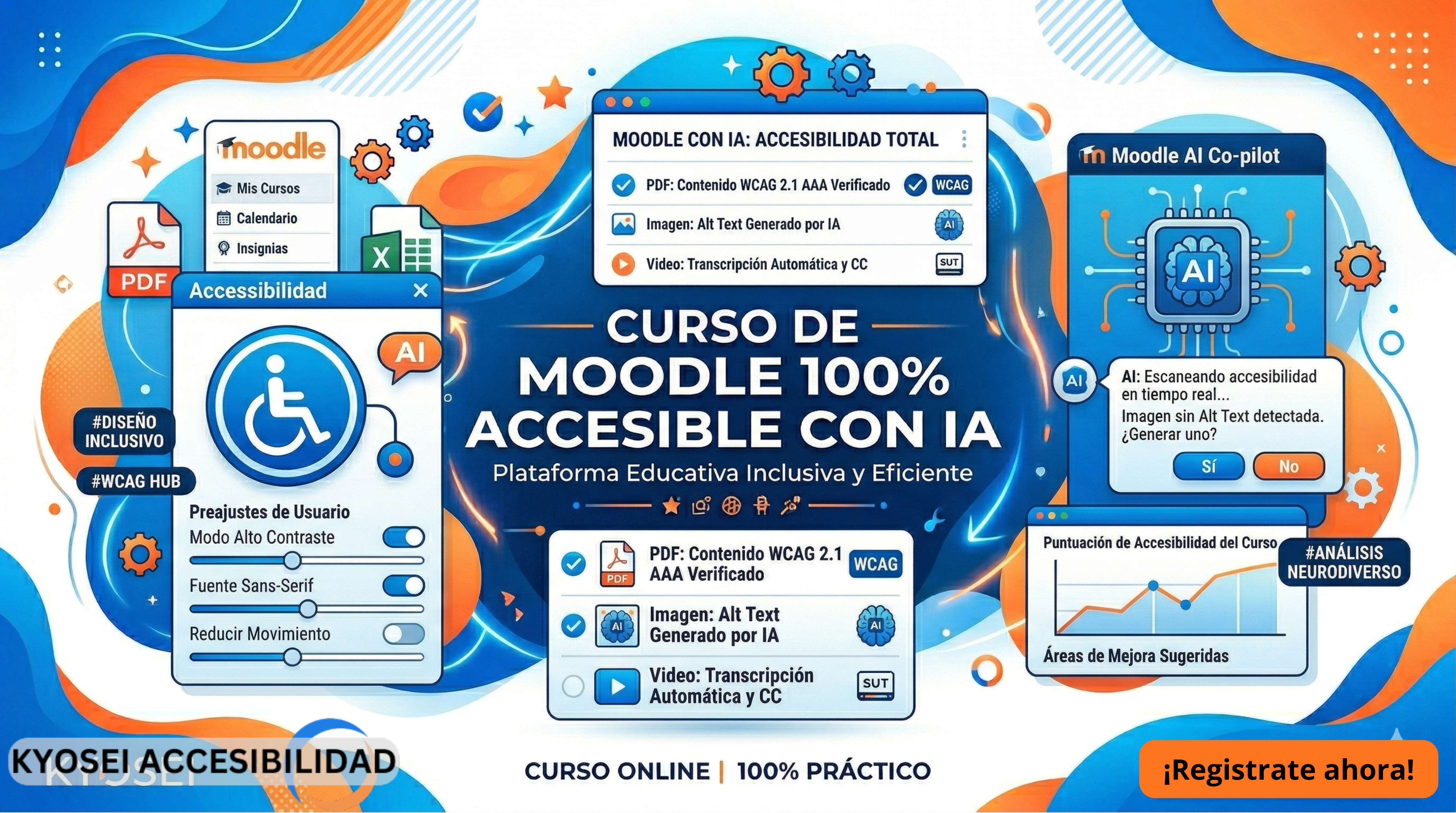 Banner promocional de Kyosei “Curso de Moodle 100% con IA”. Incluye ilustraciones de distintos tipos de documentos, la plataforma Moodle, un icono grande de accesibilidad, y de una IA.
